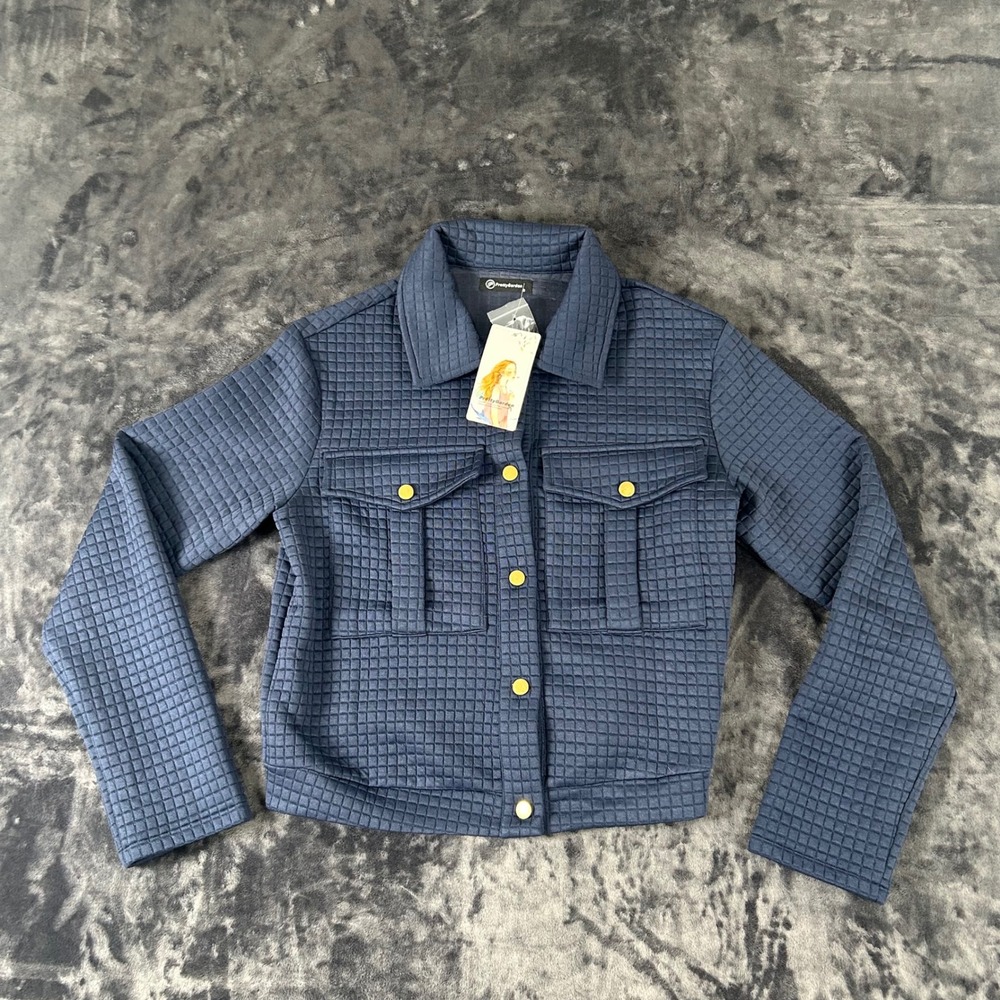 PrettyGarden Quilted Jacket Women Small Blue Button Up Cropped‎ Waffle Knit 6005